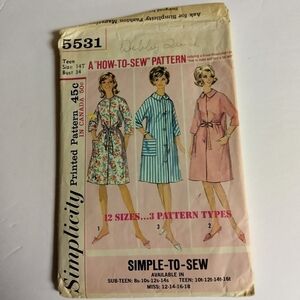 Simplicity Sewing Pattern 5531 Juniors Teens House Robe Size 14 Housecoat